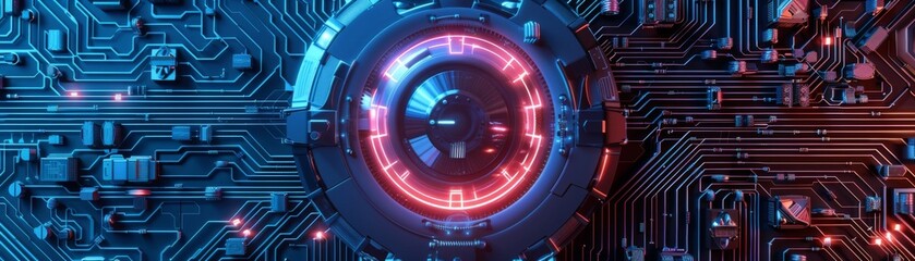 Futuristic digital circuit board with glowing red and blue lights, emphasizing advanced technology and innovation in electronics.