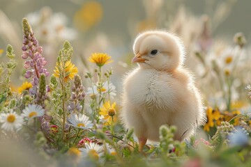 A fluffy yellow chick standing in a meadow of wildflowers, including daisies and buttercups. The chick is tilting its head to one side