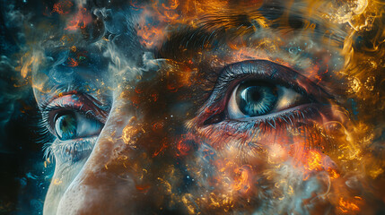 A close-up of a person's eyes with a surreal overlay of colorful, fiery, and smoky elements, creating a dreamlike and mystical atmosphere.