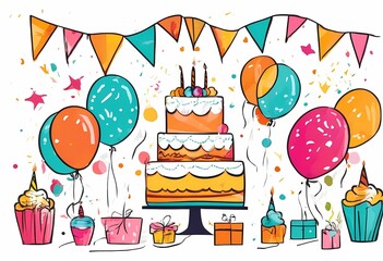 happy birthday party elements design illustration 2d globes ballons and cake
