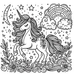 A black and white drawing of a unicorn coloring page design colours drawing graphic eyecatching accessible engaging unique Illustrative.
