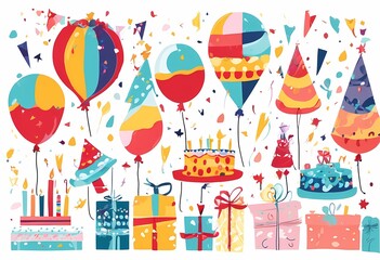 Obraz premium happy birthday party elements design illustration 2d globes ballons and cake