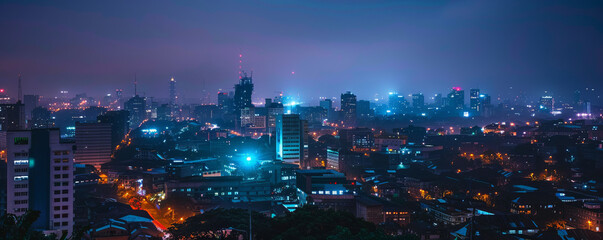 Obraz premium A panoramic view of a city skyline at night, with lights twinkling like stars against the dark sky.
