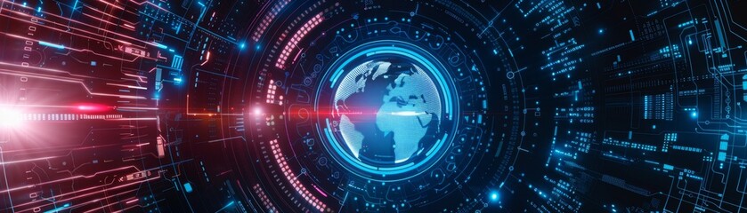 Futuristic digital illustration of Earth with technology and laser elements, symbolizing global connectivity and advancement in blue and red hues.