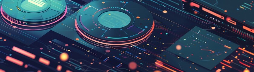 Futuristic digital interface holograms with neon lights and data visualization elements in a virtual cyber technology background.