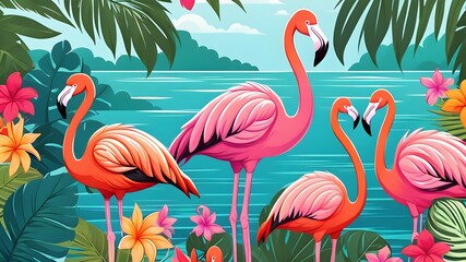 Fototapeta premium A group of flamingos are standing in a lush green jungle. The scene is vibrant and full of life, with the pink flamingos standing out against the green foliage. Concept of freedom and natural beauty