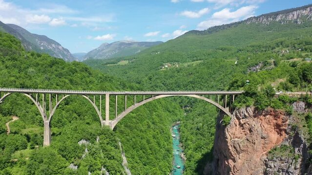 Aerial view on Djurdjevica arch bridge over the Tara River in northern Montenegro,
