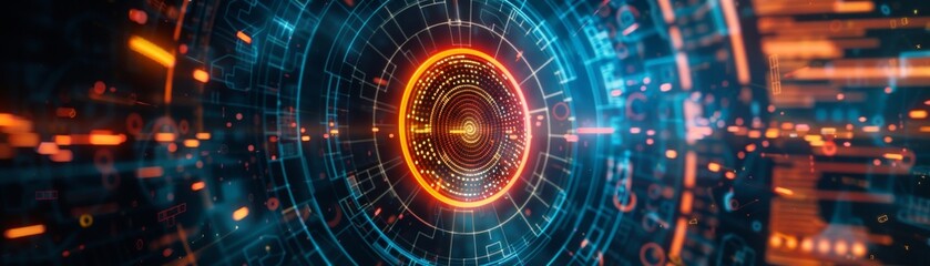 Fototapeta premium Futuristic digital interface with glowing circular elements and neon lights, representing advanced technology and data visualization.