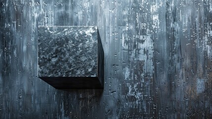 A dark, rough concrete cube set against a textured wall, creating a gritty and industrial abstract design with a minimalist and monochrome aesthetic.