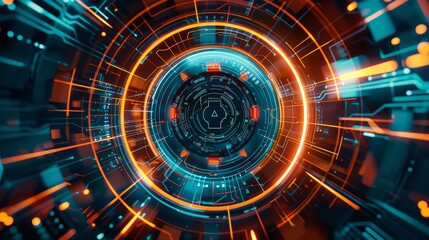 Fototapeta premium Futuristic digital interface with glowing orange and blue elements, symbolizing advanced technology and innovation.