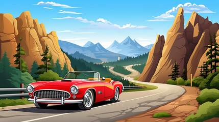 Obraz premium Illustration in a cartoon style depicting a Convertible is driving on a mountain road 