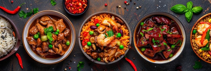 An overhead shot showcasing a variety of Asian dishes, including chicken stew, shrimp fried rice, and a bowl of white rice
