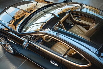 Luxury car interior with leather seats and sunroof, photographed from above showing elegance and modern design in a showroom.