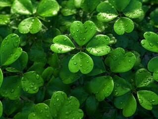 Close up view of a bunch of green clovers covered in raindrops.