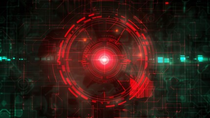 Obraz premium Futuristic digital red HUD interface with technological elements and data visualization for high-tech and cybersecurity themes.
