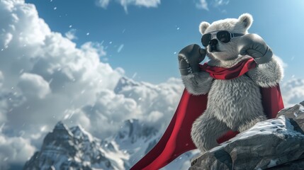 Obraz premium A bear with black sunglasses, a red cape, and boxing gloves, standing triumphantly on a mountain peak.