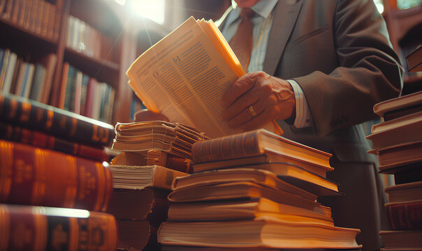 A man in a suit reads a book in a library, surrounded by stacks of books