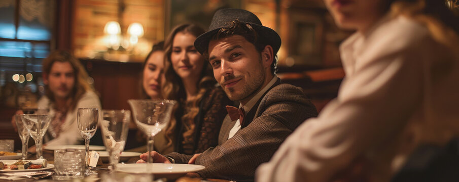 A group of friends attending an interactive murder mystery dinner theater, solving clues and unraveling a thrilling whodunit.