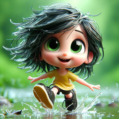 3D cartoon girl playing on colorful vibrant forest background. Funny illustration for children cards
