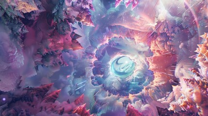 Mystical fantasy landscape with vibrant colors and swirling ethereal elements creating a magical, enchanting atmosphere.