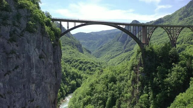Aerial view on Djurdjevica arch bridge over the Tara River in northern Montenegro,
