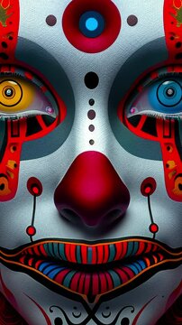 The clown robot smiled, and chuckled, vertical video.