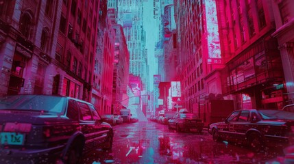 Neon-lit city street during the night with reflections on a rainy pavement, creating a moody futuristic urban atmosphere.
