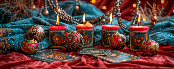 Four candles with ornate designs burn brightly on a red fabric background with blue fabric and ornaments
