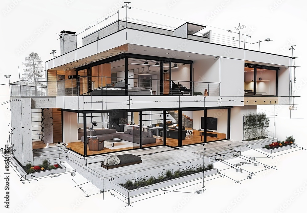 Aufkleber Wireframe rendering of a contemporary house with technical details