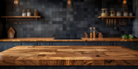 Wooden countertop of a modern kitchen with dark tiles on the wall with empty space for presentation and text