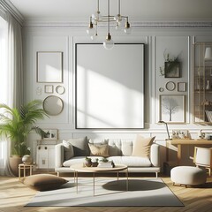 A living room style interior set design with a mockup poster empty white and with a couch and a table Vibrant Vibrant engaging.
