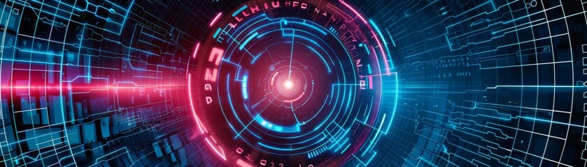 Futuristic digital technology background with glowing red and blue circles, representing advanced innovation and data flow.