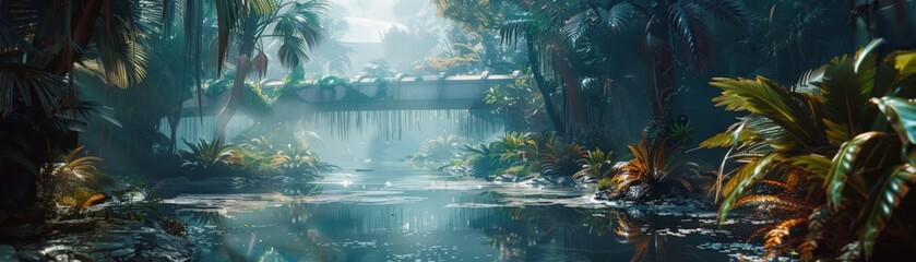 Serene tropical jungle scene with a bridge over a river, surrounded by lush greenery and sunlight filtering through the trees.