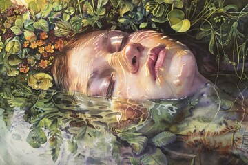 Serene woman lying in water surrounded by foliage and flowers, sunlight casting shadows on her peaceful face, reflecting tranquility and nature.