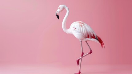 Fototapeta premium A graceful flamingo standing on one leg against a soft pastel pink background, creating a serene and elegant scene.