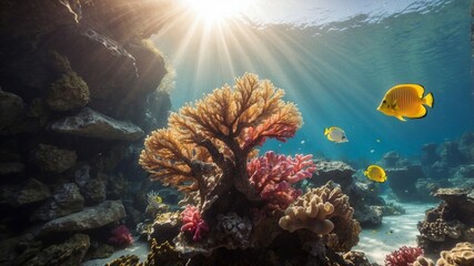 Obraz premium A serene underwater shot of colorful coral reefs and tropical fish, with sunlight streaming through the water, creating a vibrant and peaceful scene.