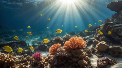 A serene underwater shot of colorful coral reefs and tropical fish, with sunlight streaming through the water, creating a vibrant and peaceful scene.