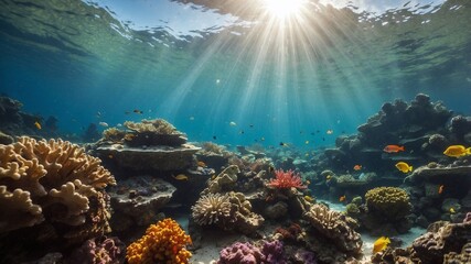 Fototapeta premium A serene underwater shot of colorful coral reefs and tropical fish, with sunlight streaming through the water, creating a vibrant and peaceful scene.