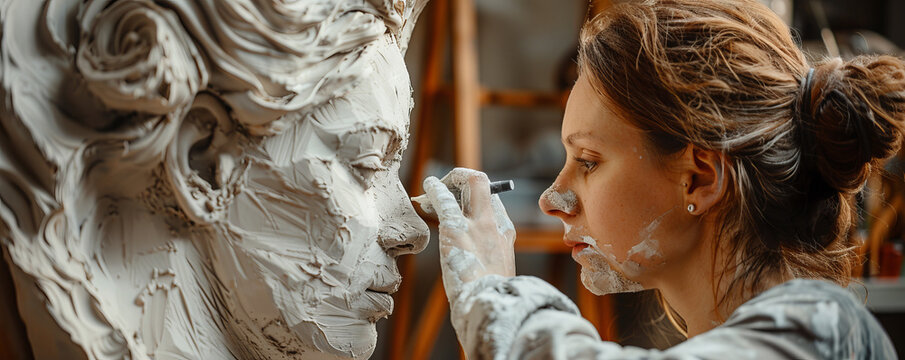 An artist sculpting a lifelike figure from clay, shaping and molding with meticulous attention to detail.