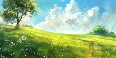 Fototapeta premium A digital painting of a sunny day in a meadow with rolling hills, green grass, white flowers, and white clouds in a blue sky