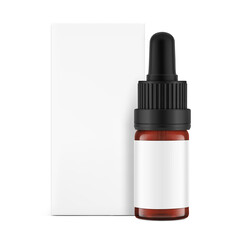 Realistic paperboard packaging box mockup with dropper bottle mockup isolated on white background. Vector illustration. Сan be used for cosmetic, medical and other needs. EPS10.