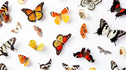 A variety of butterflies in different poses, sitting, flying, and hovering, on a seamless white backdrop