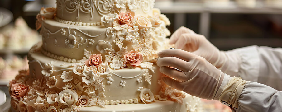 A baker decorating a wedding cake with intricate designs and delicate sugar flowers, adding a touch of elegance to the celebration.