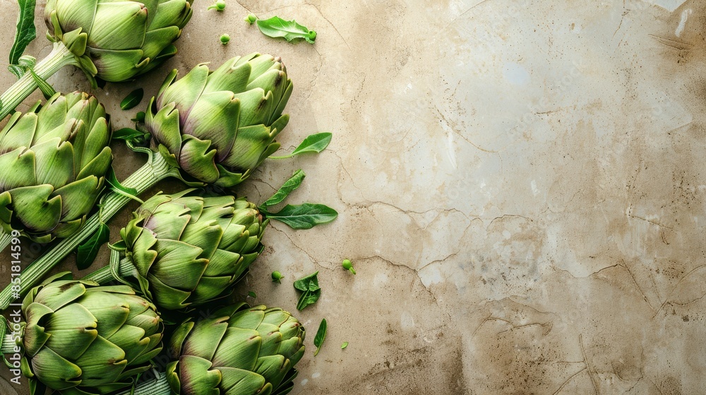 Canvas Prints Fresh artichokes on a textured surface with space for text. Ideal for culinary and healthy eating themes.