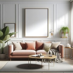 A living room style interior set design with a mockup poster empty white and with a couch and a coffee table Vibrant unique optimized highquality.