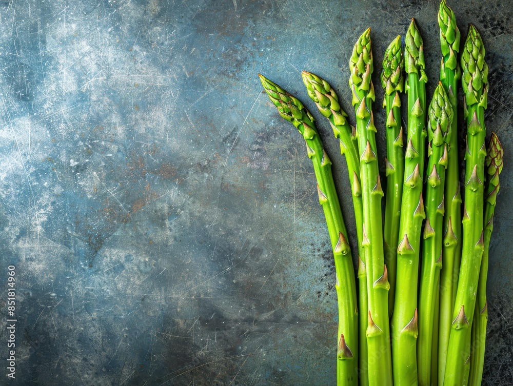 Poster Fresh asparagus spears arranged on a dark textured background. Suitable for food blogs, healthy eating campaigns, or recipe illustrations.