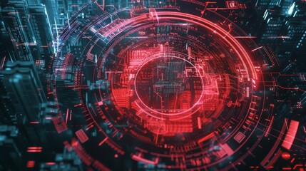 Futuristic red and blue digital technology interface, cyber network background with circular elements and high-tech details.