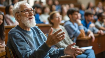 An elderly professor delivers a lecture to a group of attentive university students, highlighting education, wisdom, and academic engagement.
