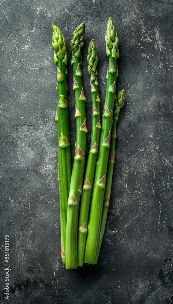 Sticker A bunch of green asparagus on a dark grey backdrop. Ideal for culinary content, diet promotions, or organic food marketing.