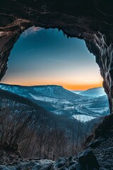 View from inside of cave, mountain landscape in the distance 